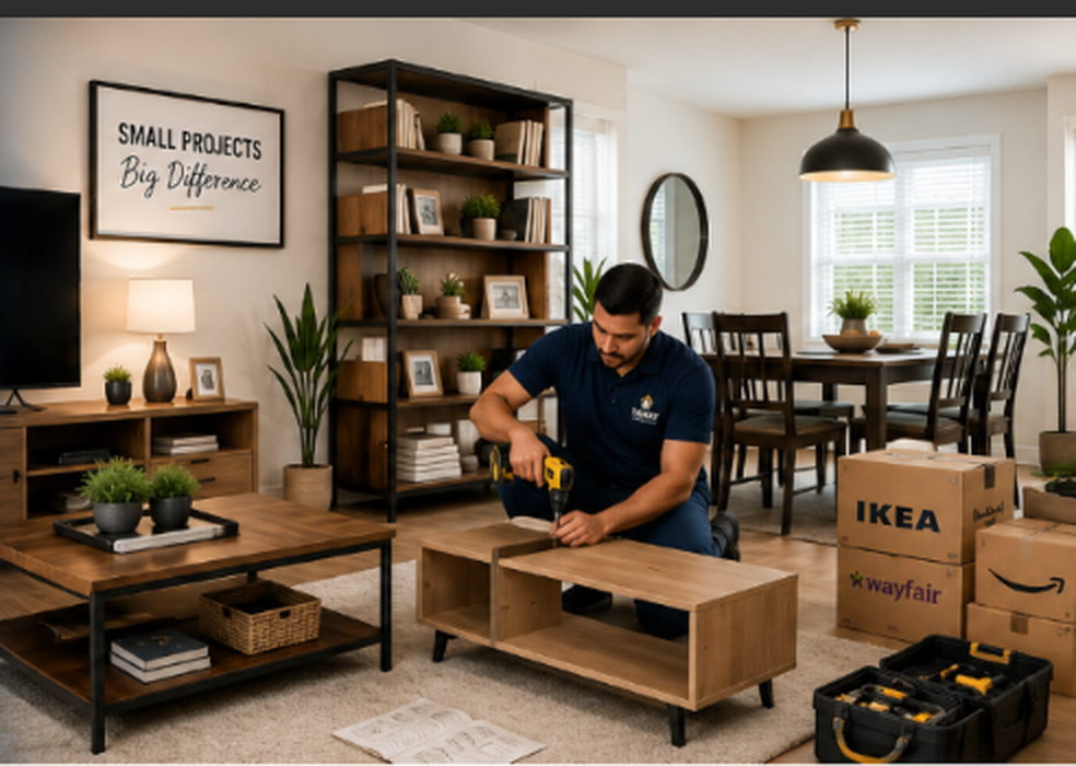 Tamay Enterprises technician assembling furniture in a modern living room